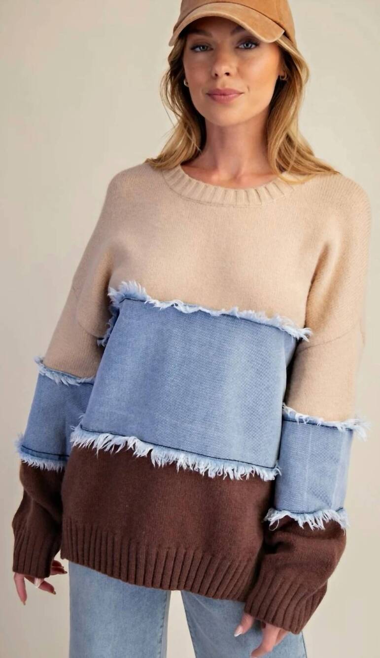 NEW EASEL denim colorblock mix sweater in blue/brown